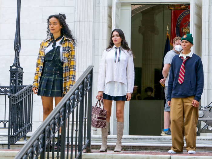 Actors Whitney Peak, Zion Moreno, and Evan Mock are pictured filming the "Gossip Girl" reboot