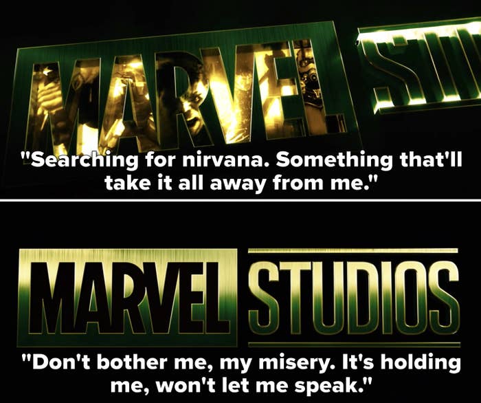 The lyrics heard are "Searching for nirvana. Something that'll take it all away from me/ Don't bother me, my misery. It's holding me, won't let me speak"