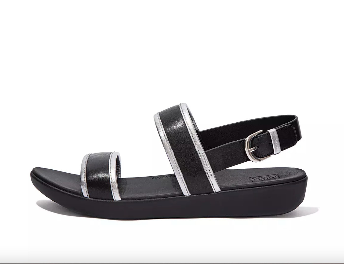the metallic back strap sandals in black and silver