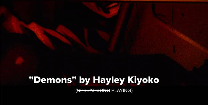 In the &quot;Loki&quot; episode 3 opening credits, the subtitles read &quot;Upbeat song playing,&quot; but I have crossed out &quot;upbeat song&quot; and written about it, &quot;Demons by Hayley Kiyoko&quot;