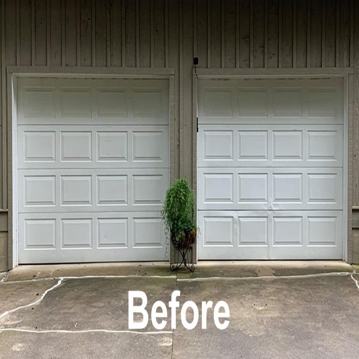 a reviewer photo of two plain white garage doors and text reading "before"