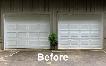a reviewer photo of two plain white garage doors and text reading 