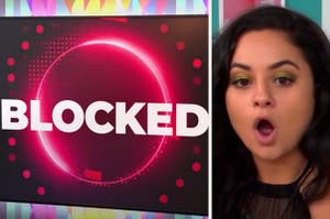 A screen is on the left that displays "Blocked" with a woman on the right looking surprised