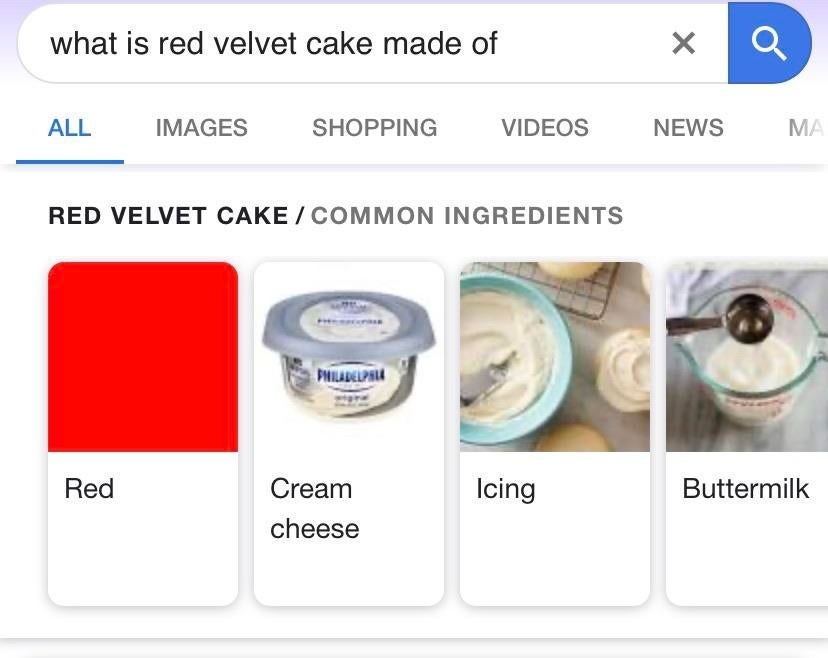 recipe saying the main iingredient of red velvet cake is the color red