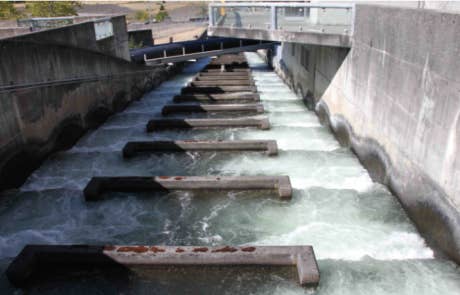 Water flowing down a tiered channel in a hydroelectric dam.