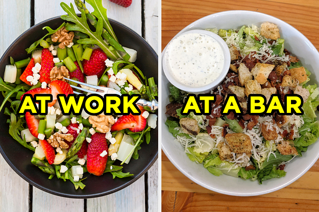 On the left, a strawberry salad with cheese crumbles and walnuts labeled