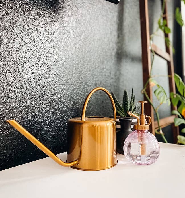 reviewer showing the gold watering can next to the matching mister