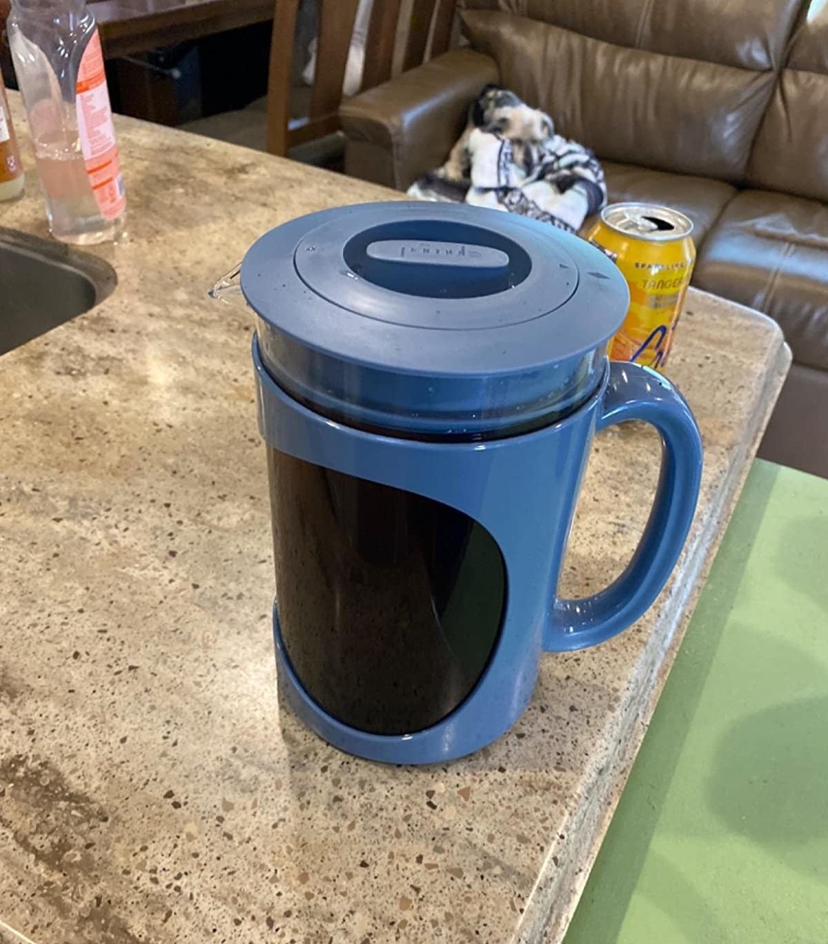 reviewer image of the blue primula cold brew maker full of cold brew