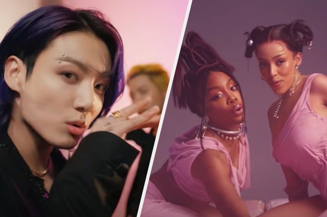 A BTS member is on the left holding his hand out with Sza and Doja Cat on the right
