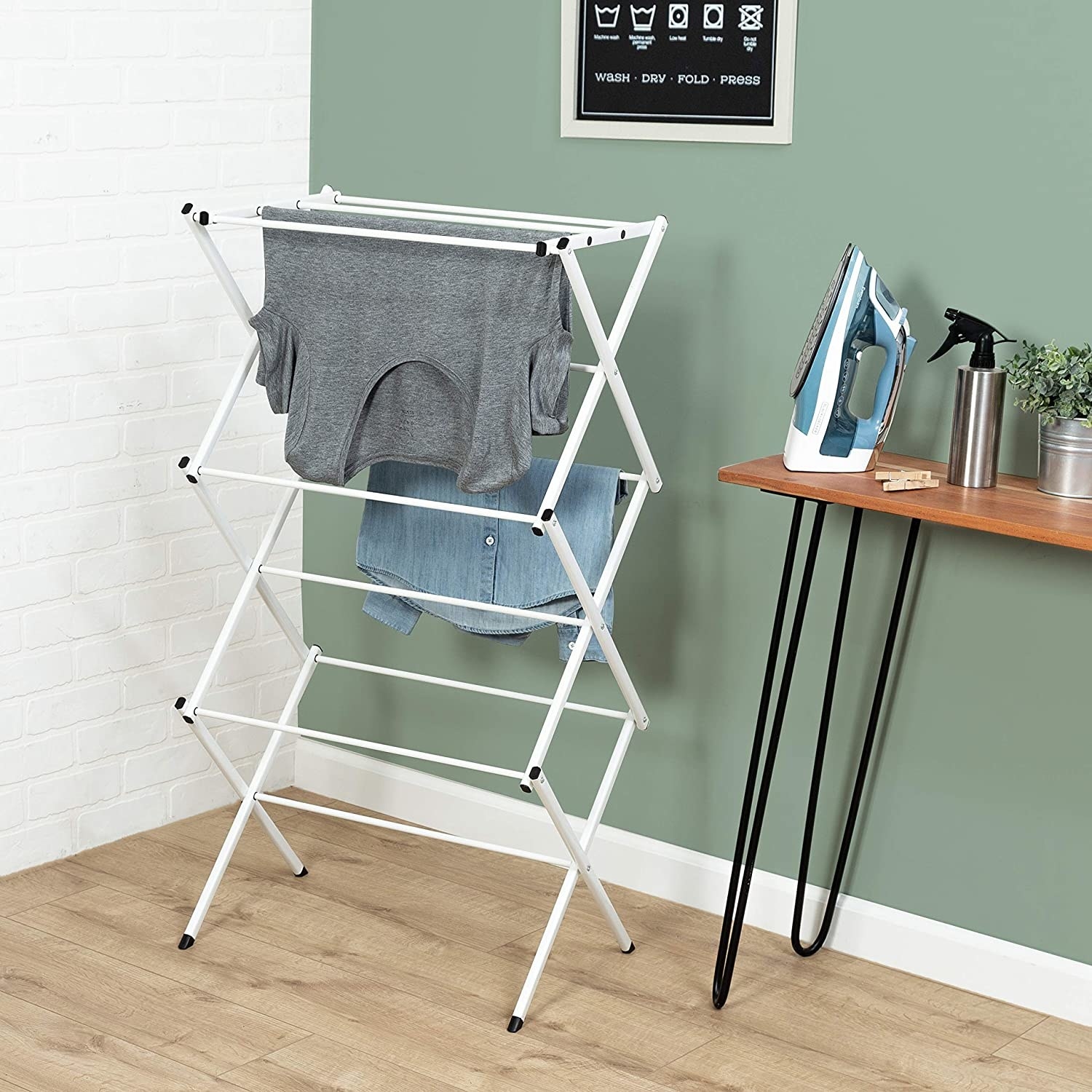 The foldable drying rack in a neat living room