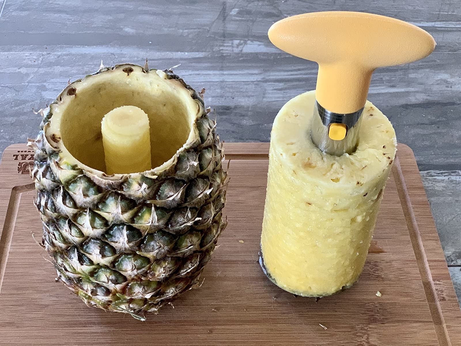 a reviewer photo of a recently cored pineapple