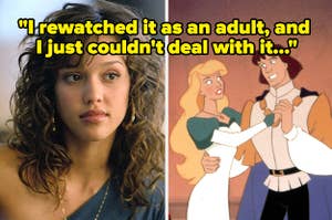 Honey side by side with The Swan Princess with text reading ""I rewatched it as an adult, and I just couldn't deal with it"