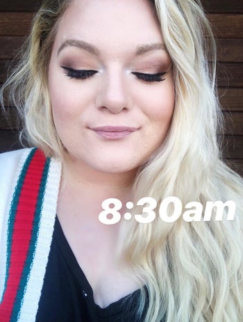 reviewer showing her eyeshadow at 8:30am