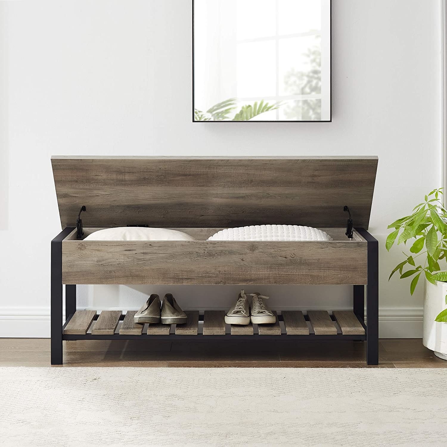 the grey washed walker edison rustic farmhouse lift top storage bench