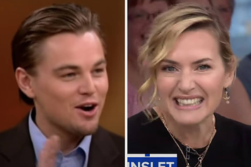 Stills of Kate and Leo smiling as they talk about one another on talk shows
