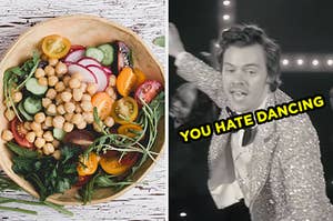 On the left, some arugula salad with chickpeas, tomatoes, radishes, and cucumbers, and on the right, Harry Styles in the "Treat People With Kindness" music video labeled "you hate dancing"