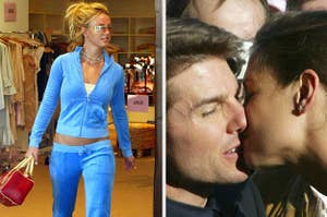 britney in a track suit and tom cruise and katie holmes kissing