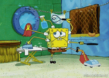 Spongebob vacuuming, dusting, ironing, and doing other chores