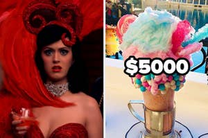 katy perry in a showgirl outfit and a mikshake with the text $5000