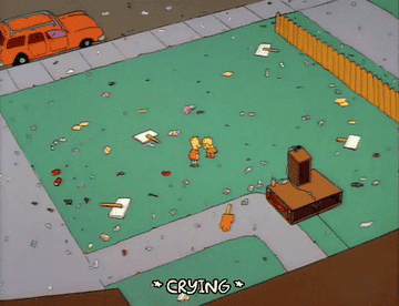 gif of bart and lisa simpson standing in a messy yard as lisa runs crying into the house