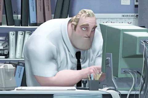 Mr. Incredible looking drained and working at his job from &quot;The Incredibles&quot;