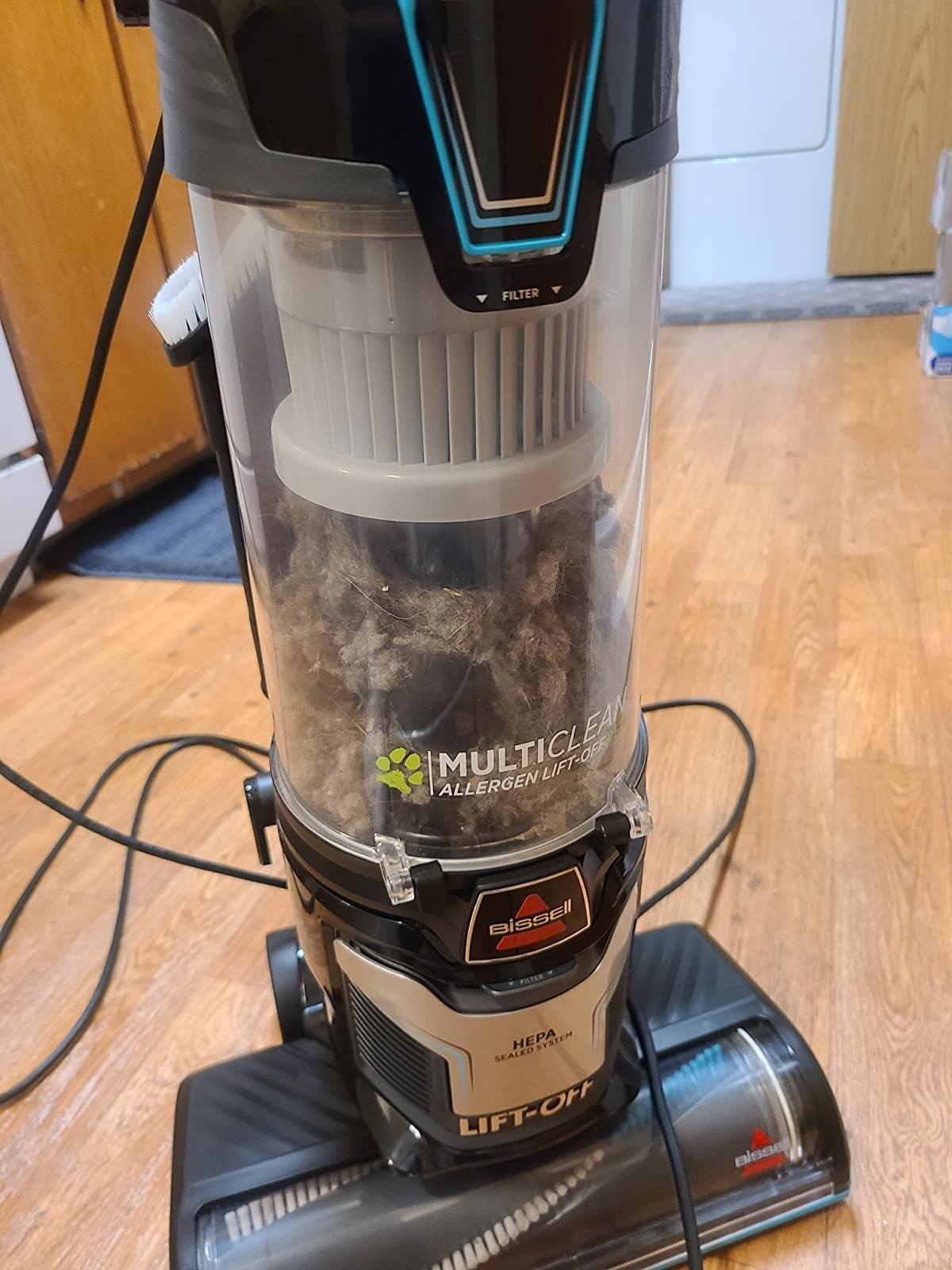 A reviewer&#x27;s vacuum filled with dust and hair