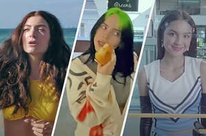 On the left, Lorde in the "Solar Power" music video, in the middle, Billie Eilish in the "Therefore I Am" music video, and on the right, Olivia Rodrigo in the "Good 4 U" music video