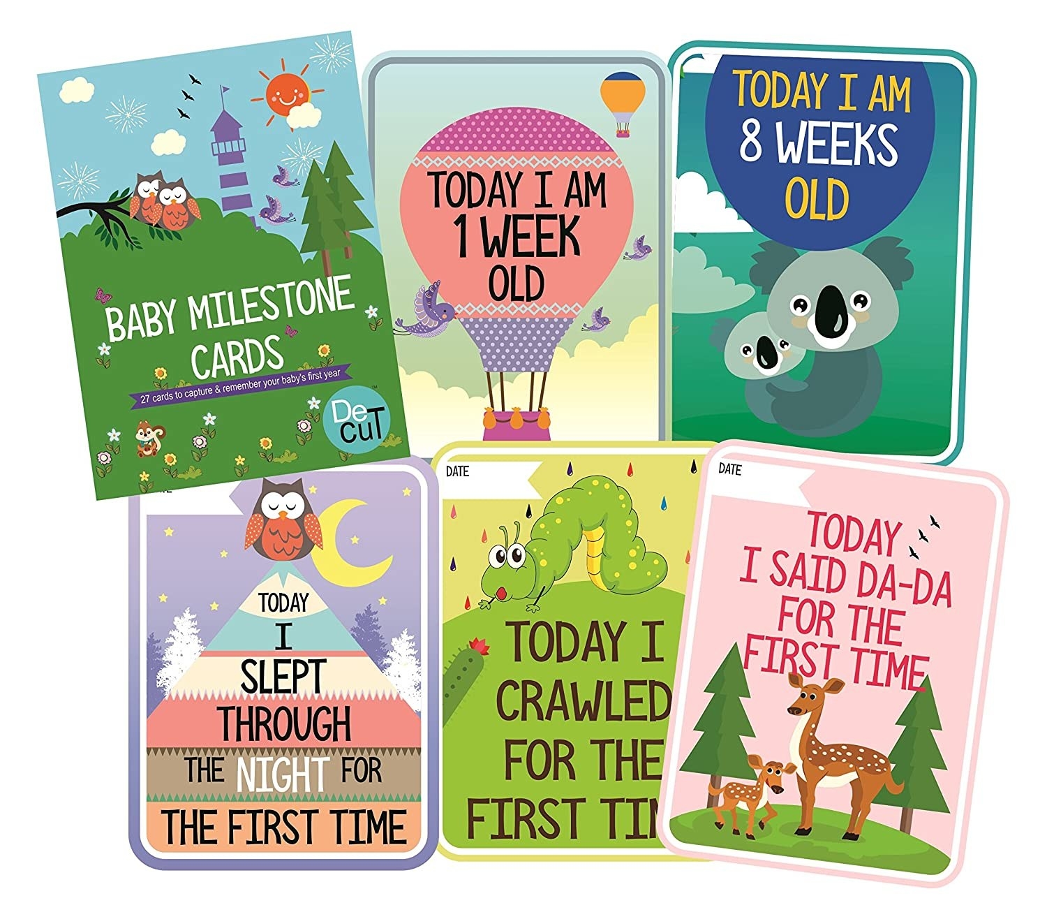 Colourful milestone cards with phrases like, &quot;Today I crawled for the first time&quot;, &quot;Today I am 8 weeks old&quot;, and more.