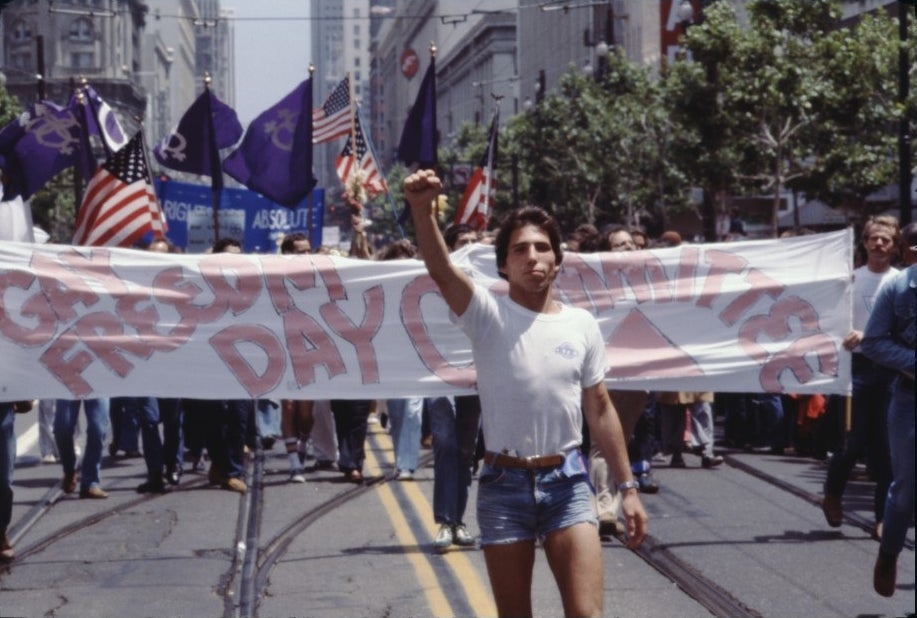 A marcher in jorts at a 1977 Gay Pride March
