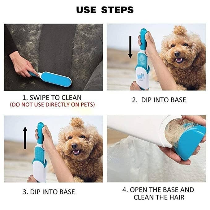 A collage showing how to use the brush to clean animal air from different surfaces.