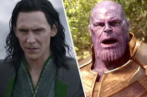 Loki furrows his brow as he talks to someone off screen and Thanos stands with his mouth wide open in shock.