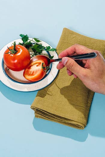 Folded napkin beside a bowl of tomatoes 