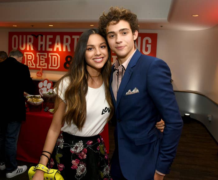Olivia Rodrigo and Joshua Bassett pose at the after party for the premiere of Disney+&#x27;s &quot;High School Musical: The Musical: The Series&quot; at the Walt Disney Studio lot on November 01, 2019, in Burbank, California