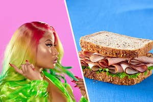 Nicki Minaj looking at a sandwich with excitement 