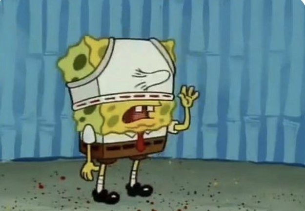 SpongeBob wearing underwear on his head and his nose poking through it