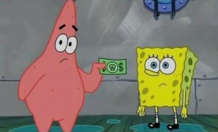 Patrick and SpongeBob naked while Patrick hands SpongeBob money