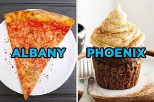 On the left, a slice of cheese pizza on a paper plate labeled "Albany," and on the right, a chocolate cupcake topped with cinnamon frosting labeled "Phoenix"