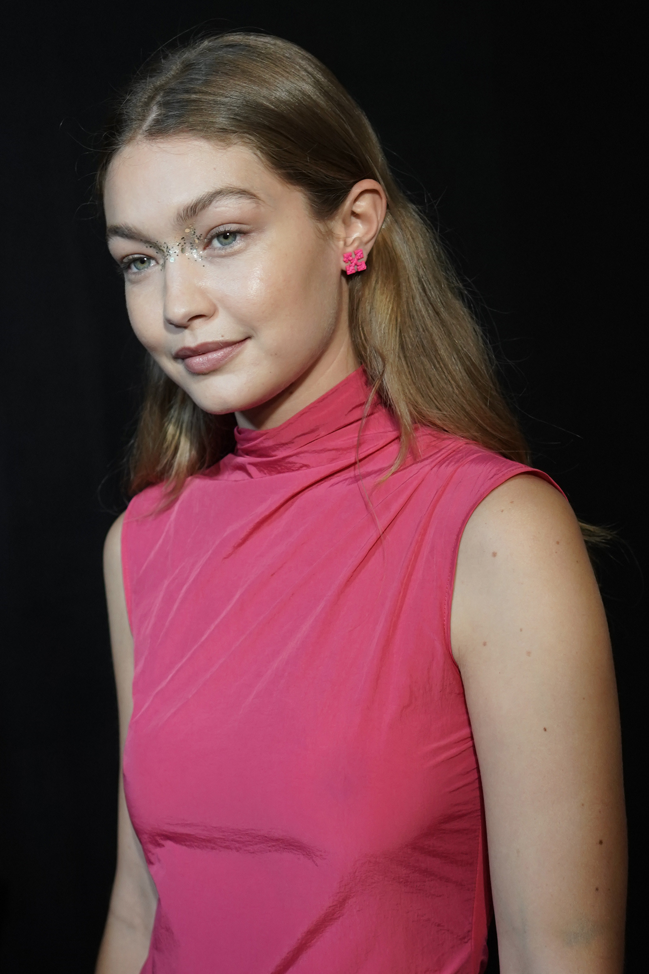 Gigi Hadid poses backstage ahead of the Off-White Womenswear Spring/Summer 2020 show as part of Paris Fashion Week on September 26, 2019, in Paris, France