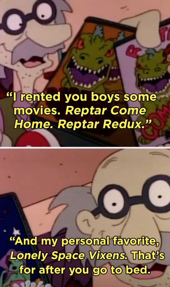 Grandpa Lou telling the boys he rented a film for them to watch — "Reptar Come Home” — and his "personal favorite," "Lonely Space Vixens," which is "for after you go to bed"