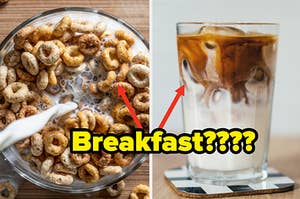 cereal on the left and iced coffee on the right