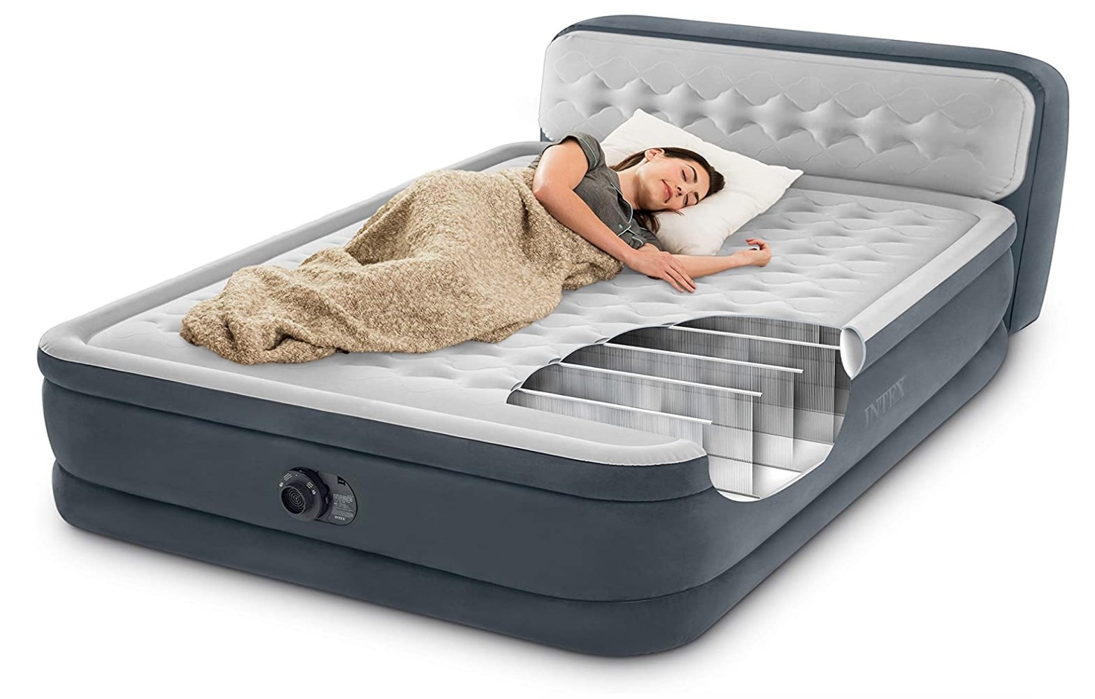A model lying on a soft air mattress with a built-in pump, ultra plush headboard, and portable storage carrying case