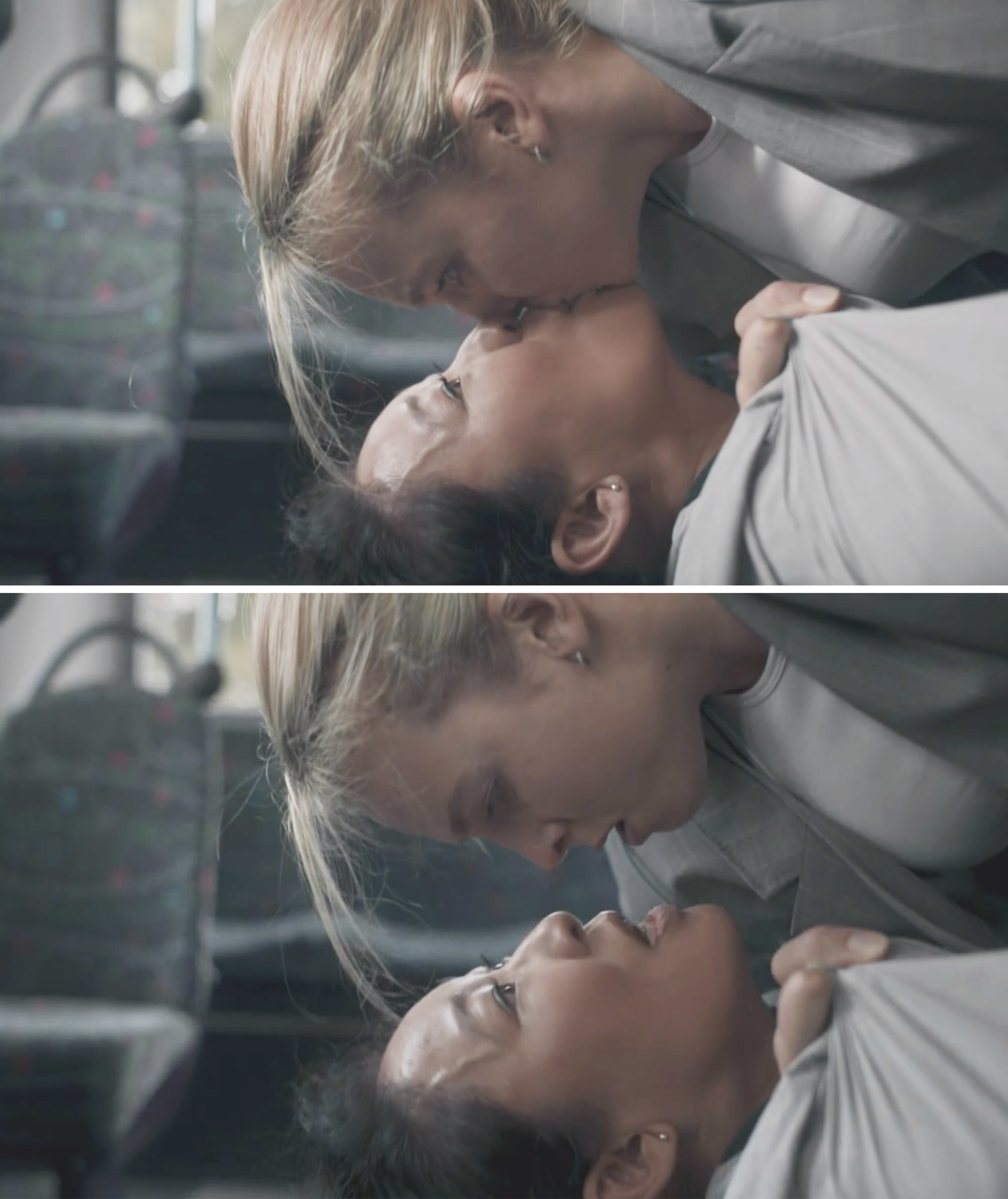 Villanelle and Eve kissing on a bus
