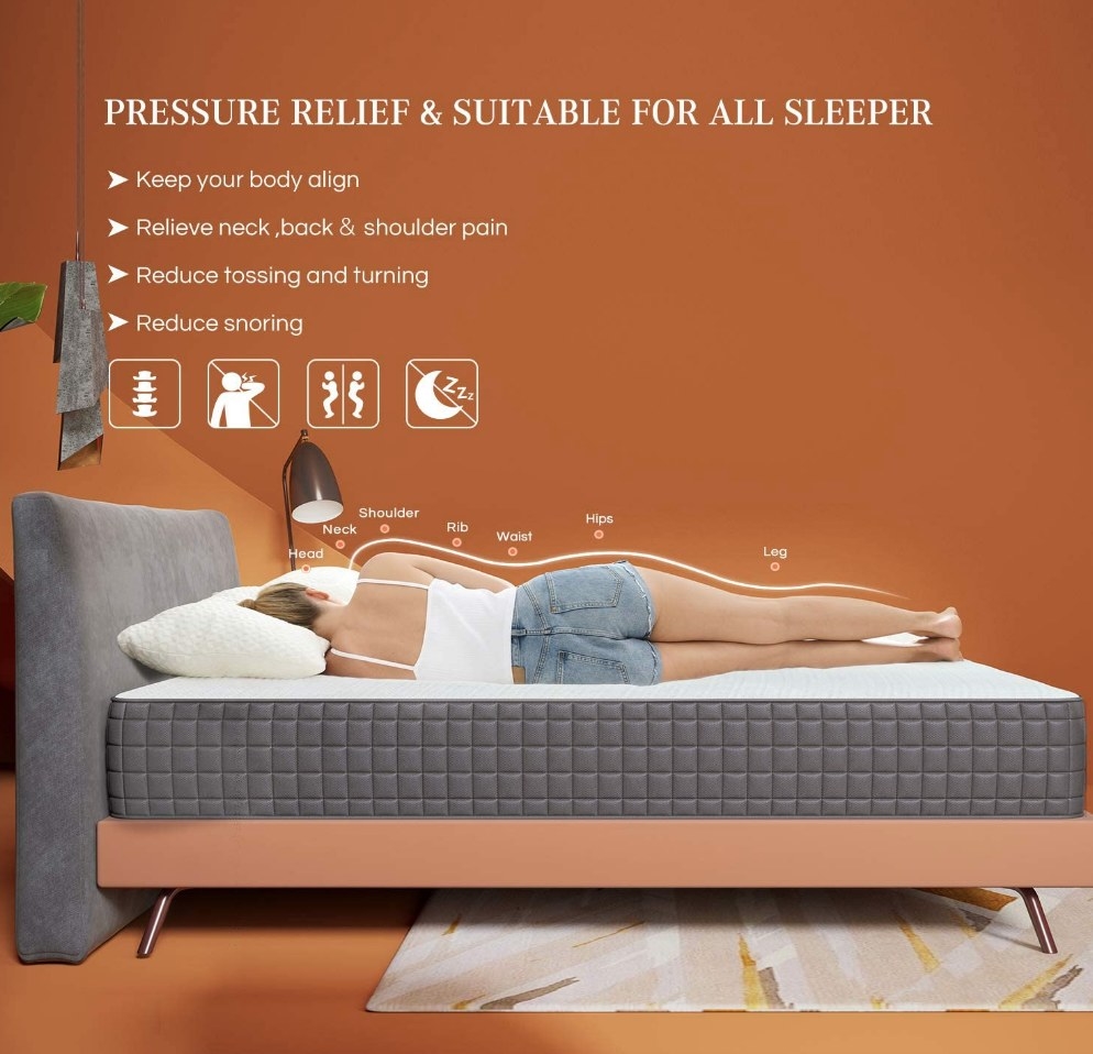 A model lying on a medium-form, gel-infused, memory foam mattress that provides back relief and a cooling sleep