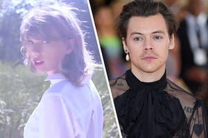 Taylor Swift looks over her shoulder as she is bathed in a glowing white light and Harry Styles wears a single pearl earring and a black high neck top with sheer sleeves.