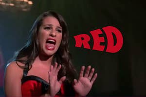 Rachel Berry singing obnoxiously with her red voice