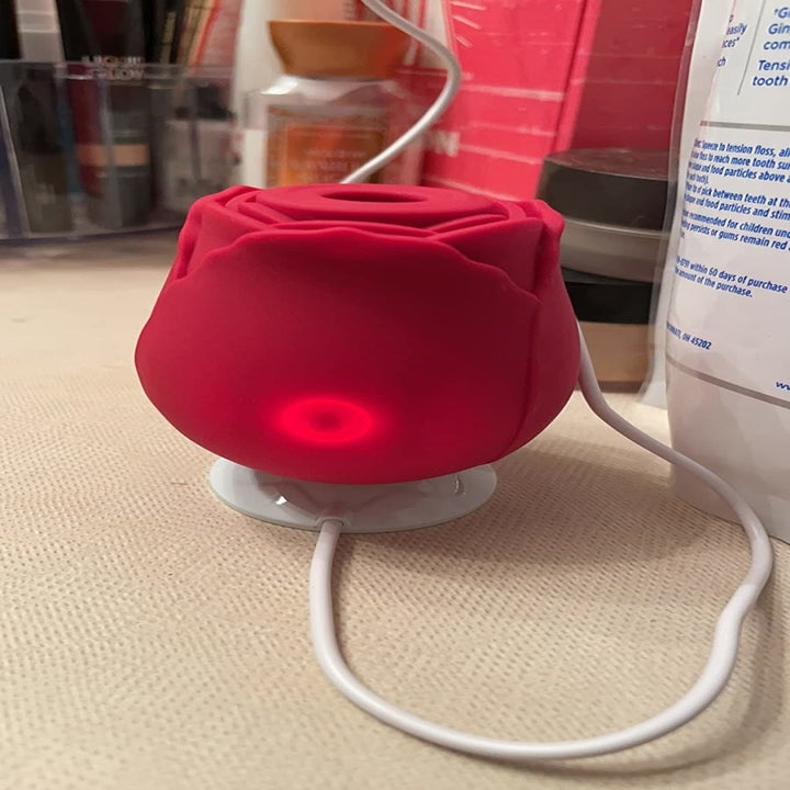 reviewer photo of the rose vibrator charging on the charging dock
