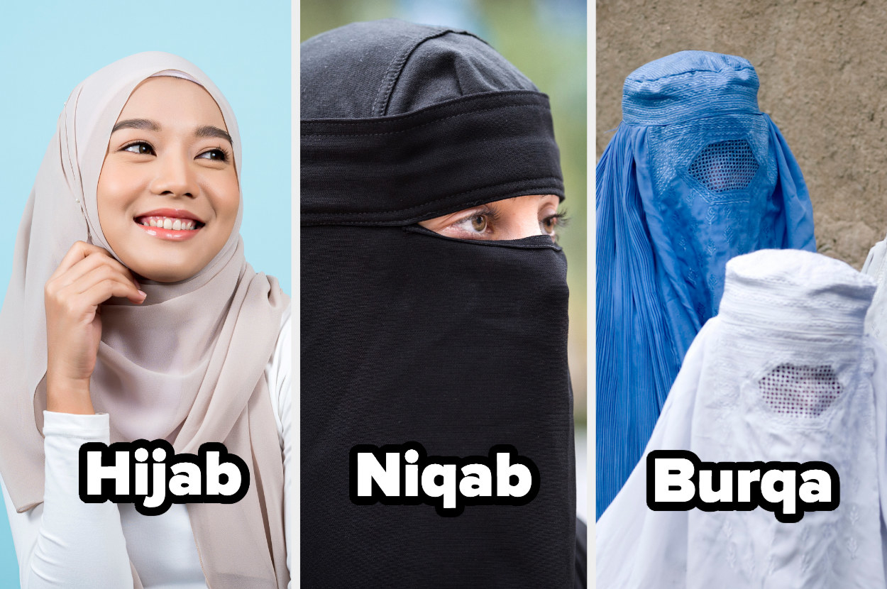 A woman wearing a hijab, a woman wearing a niqab, and women wearing burqas