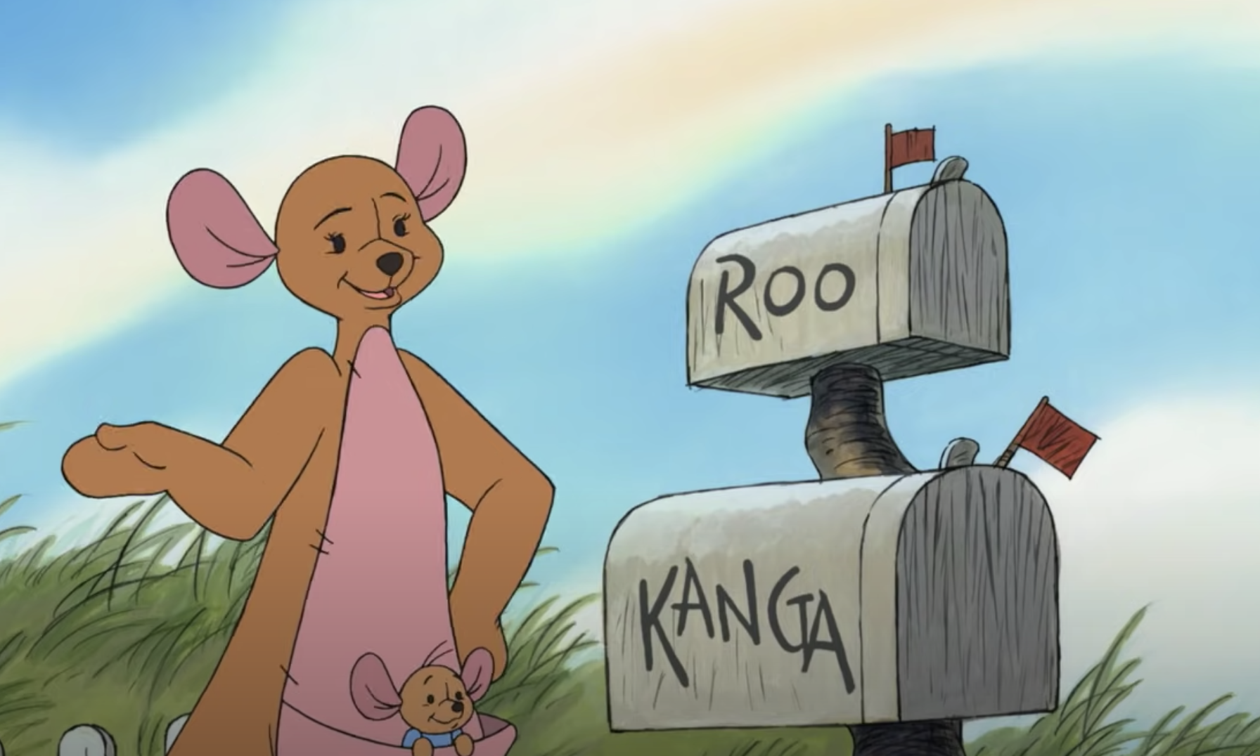 Kanga and Roo standing by their mailbox with their names on it