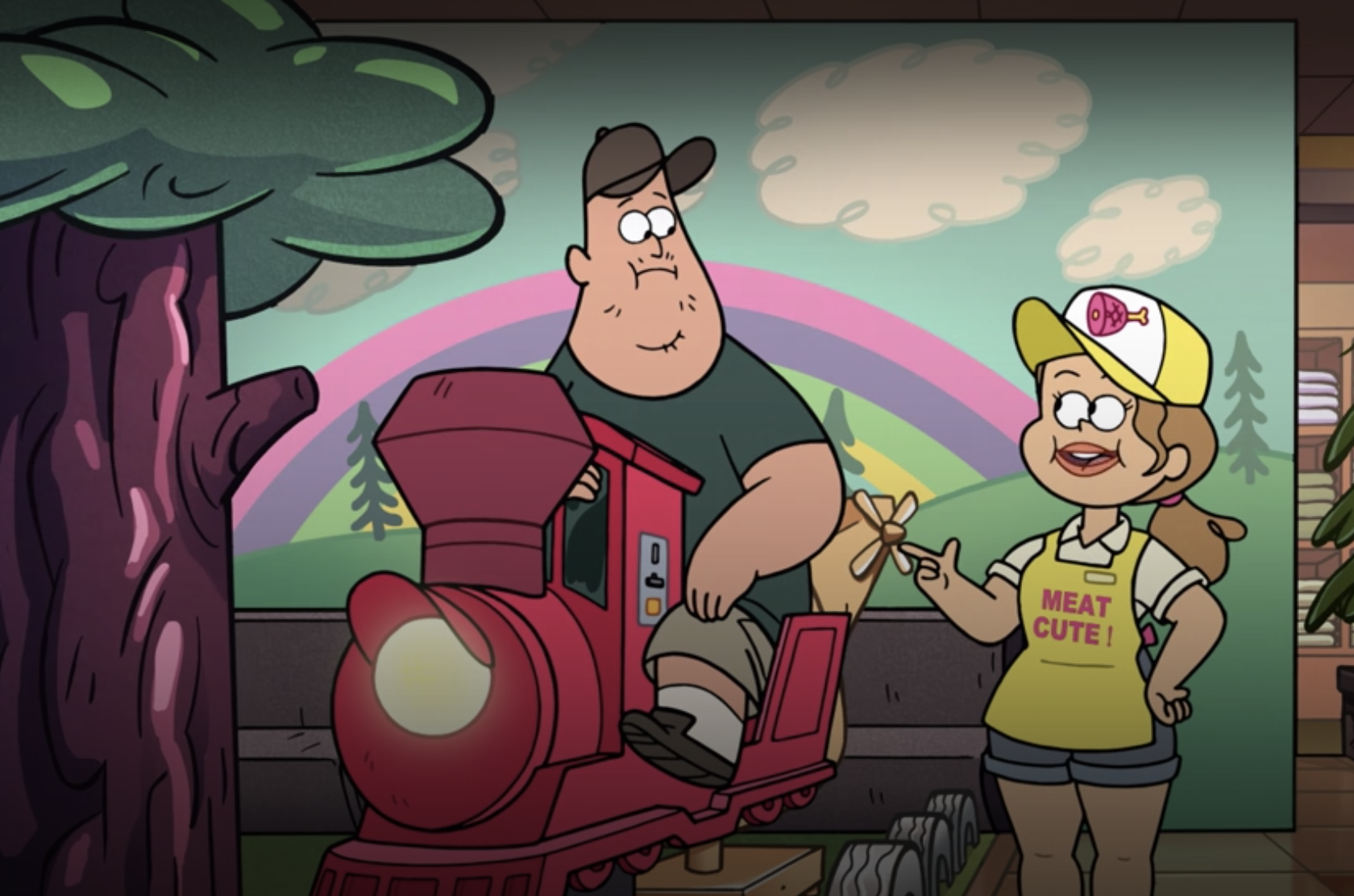 Soos talking to a girl in a Meat Cute uniform