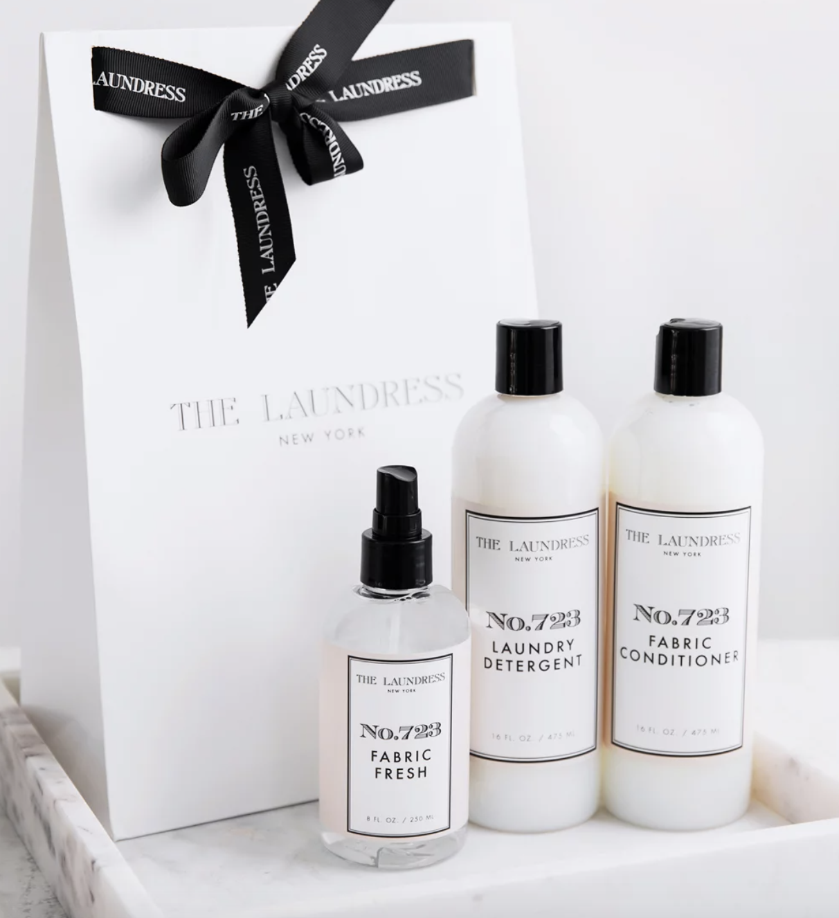 the laundry collection on a marble surface